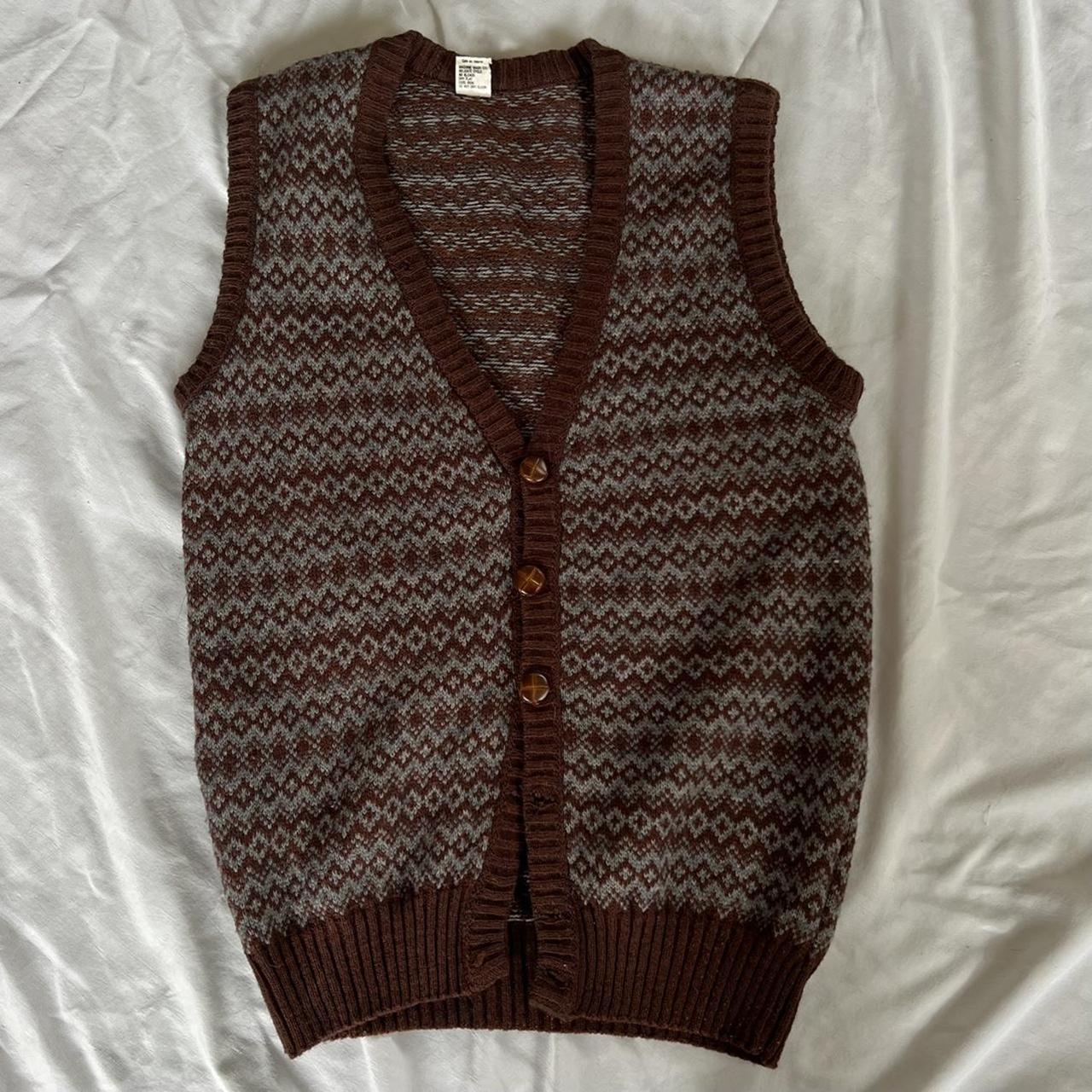 vintage grandpa button up knit vest small hole on... - Depop