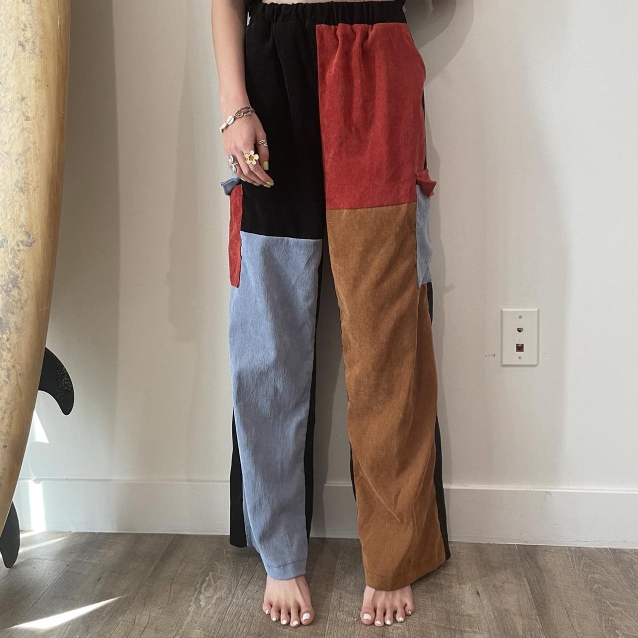 four-toned (red, black, blue, brown) corduroy pants