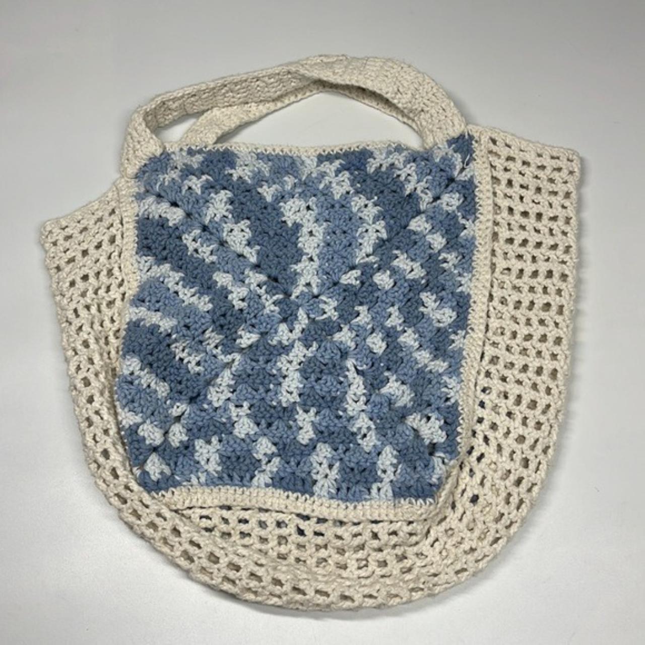 Crochet Cream & Blue Knit Crochet Shoulder Tote Bag... - Depop