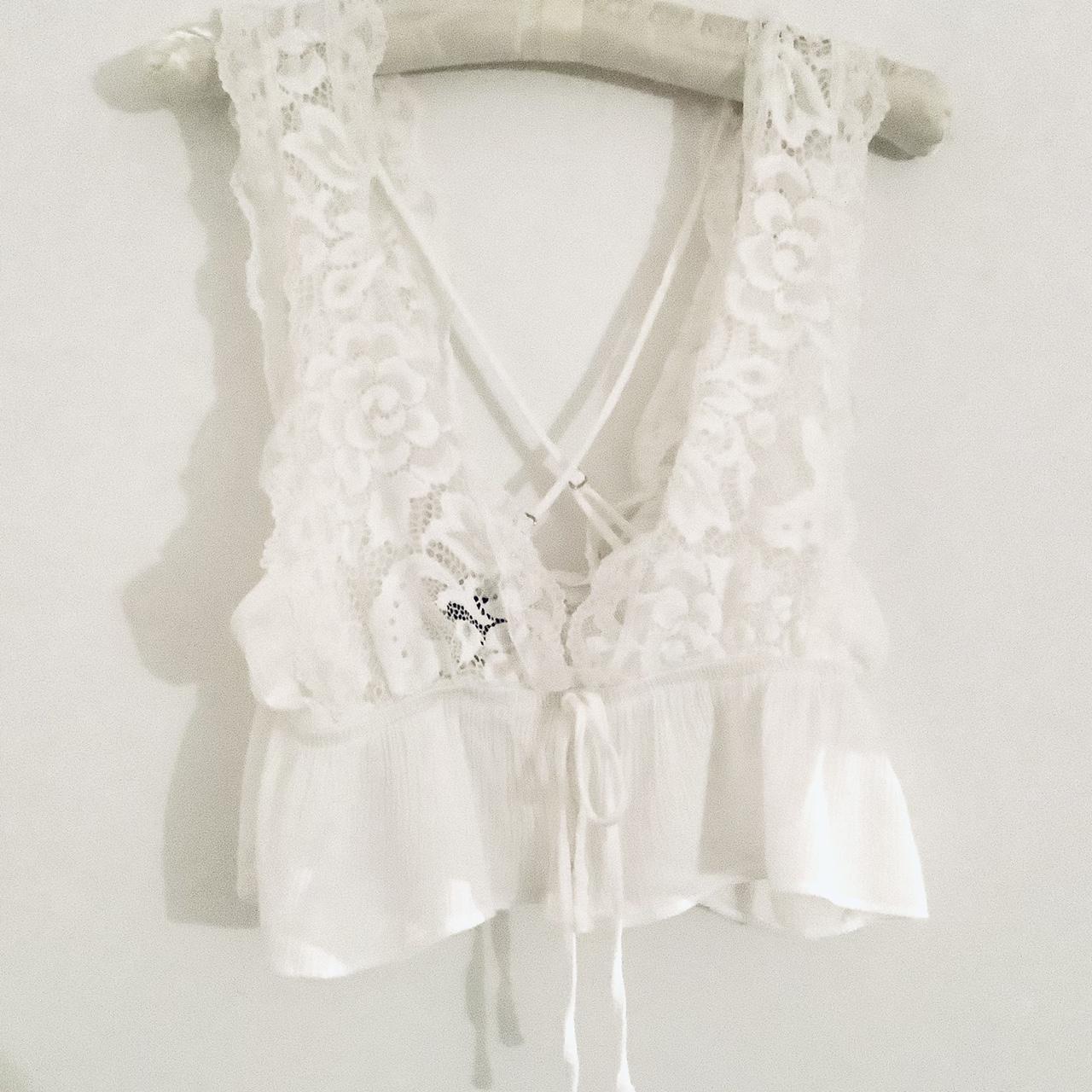 Forever 21 white, lace crop top with tie in front... | Depop, image size:1280x1280