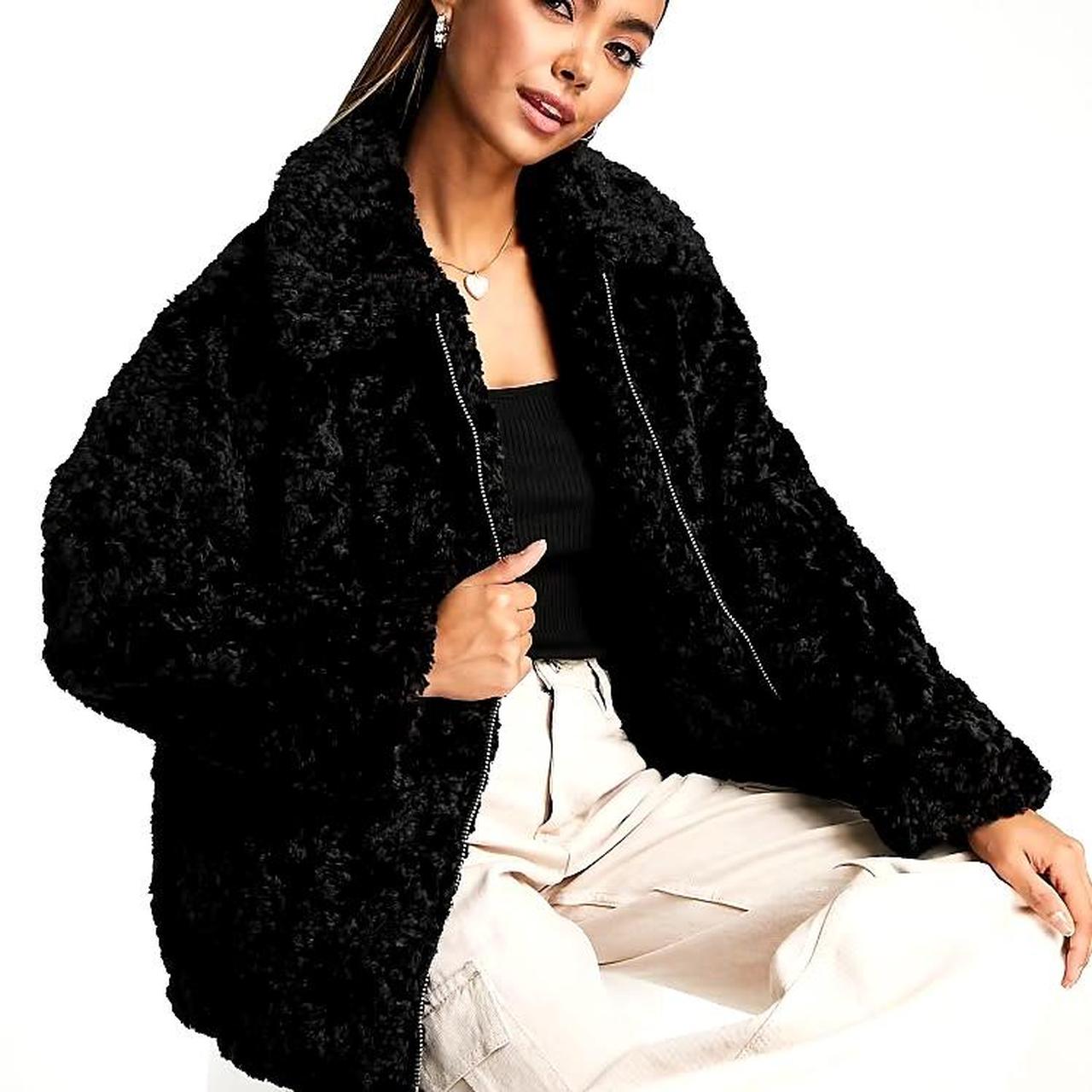 Monki curly faux fur boxy jacket in black