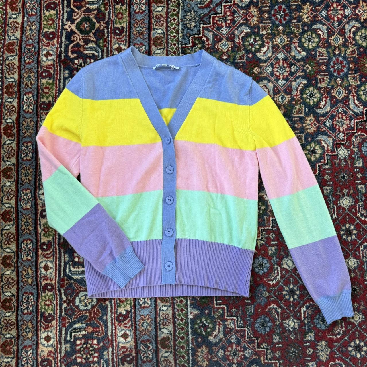 Pastel rainbow color block striped cardigan sweater. Depop