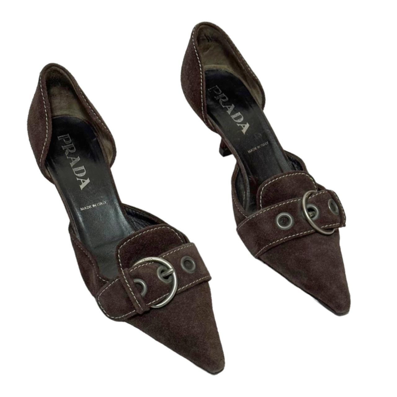 Vintage 2000s 'Prada' brown suede heels with buckles | Depop