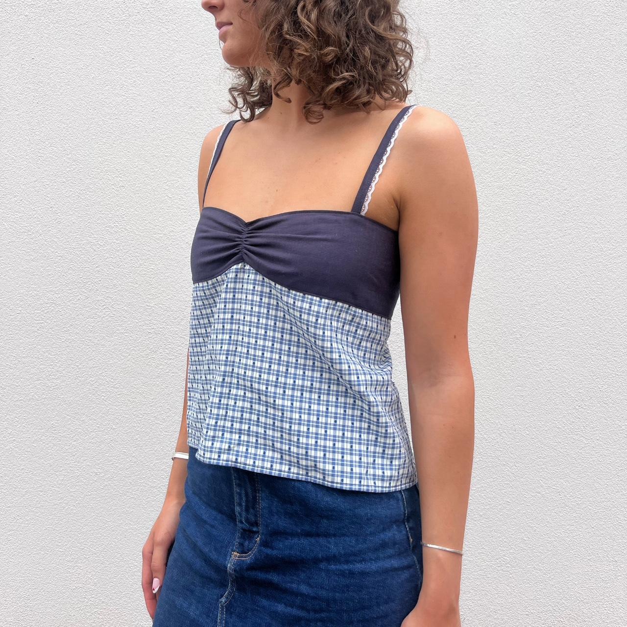 Blue gingham top with lace straps handmade by me.... - Depop