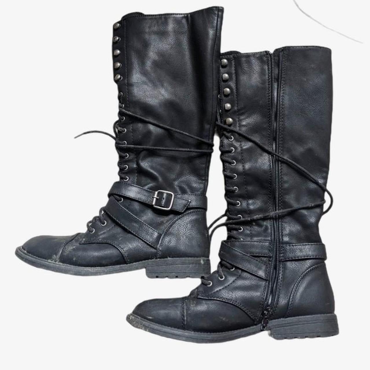 black moto combat boots knee high lace up shoe lace... Depop