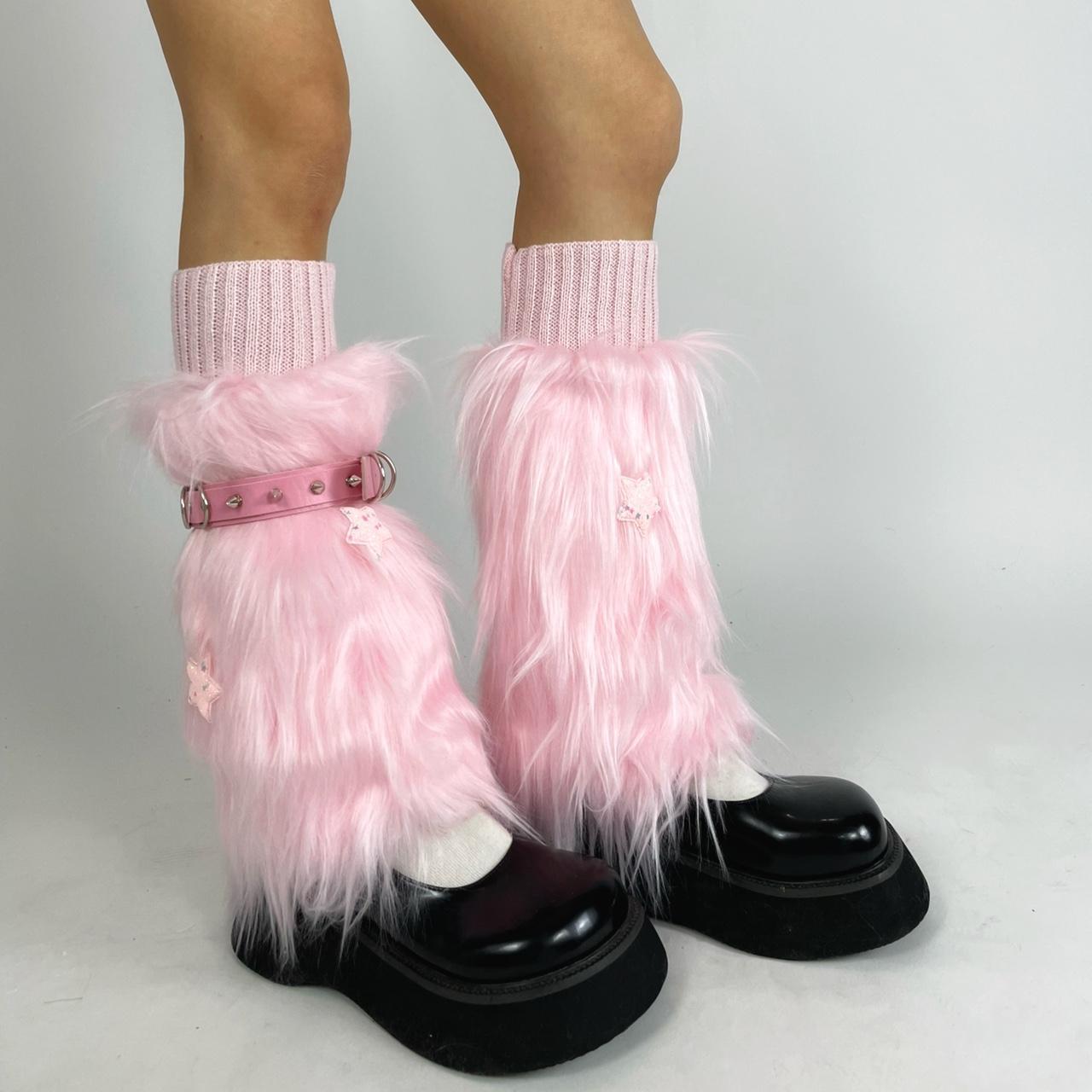 Harajuku fluffy furry pink glittery star fur leg... - Depop