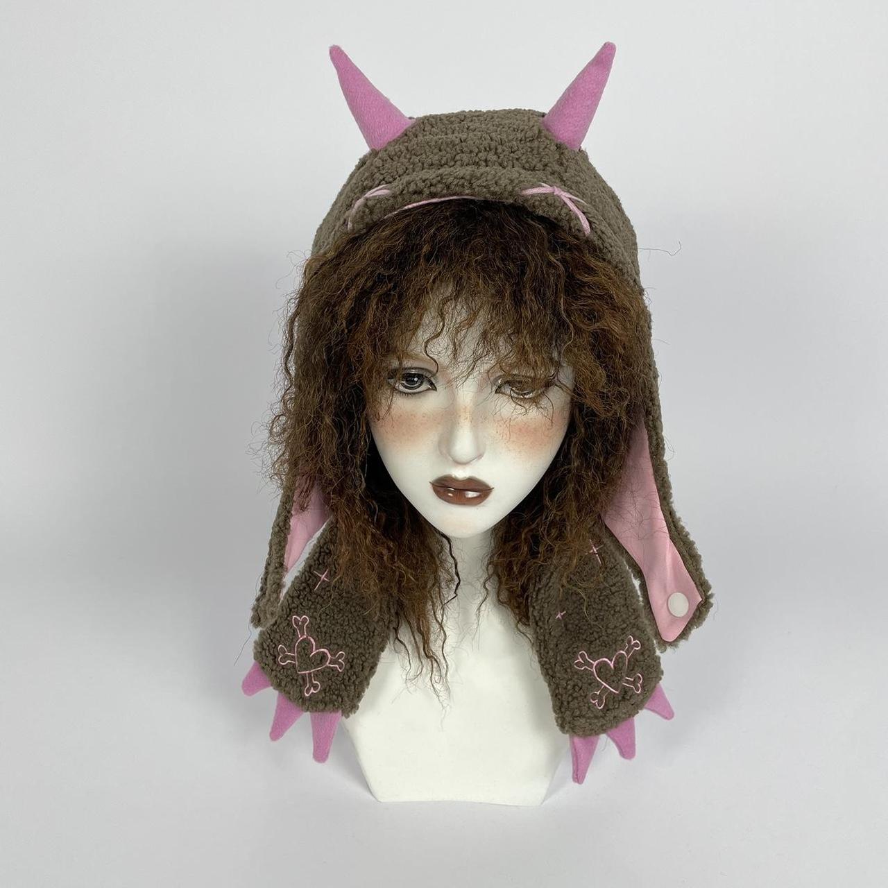 Harajuku demon pink horns fluffy brown fleece paws... Depop