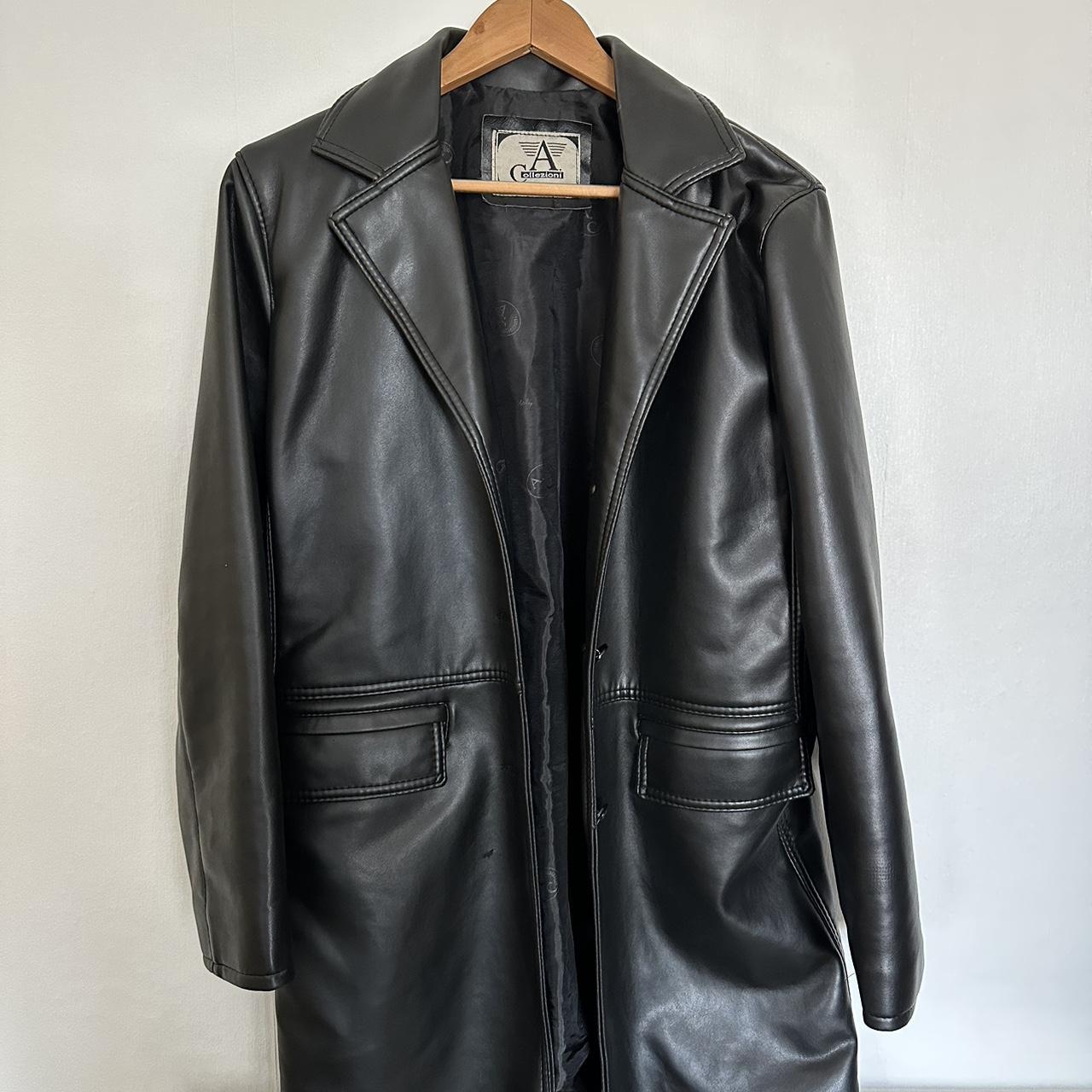 Vintage Italian duster/ trench faux leather jacket... - Depop