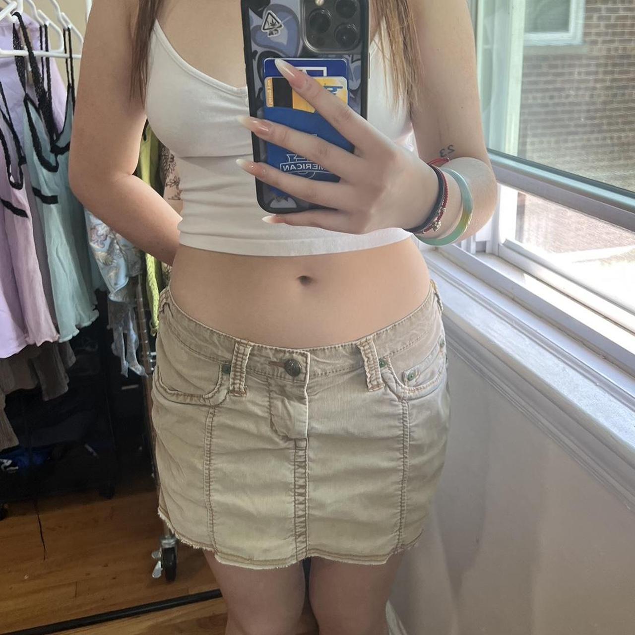 stitch's tan corduroy mini skirt tagged size 30, | Depop