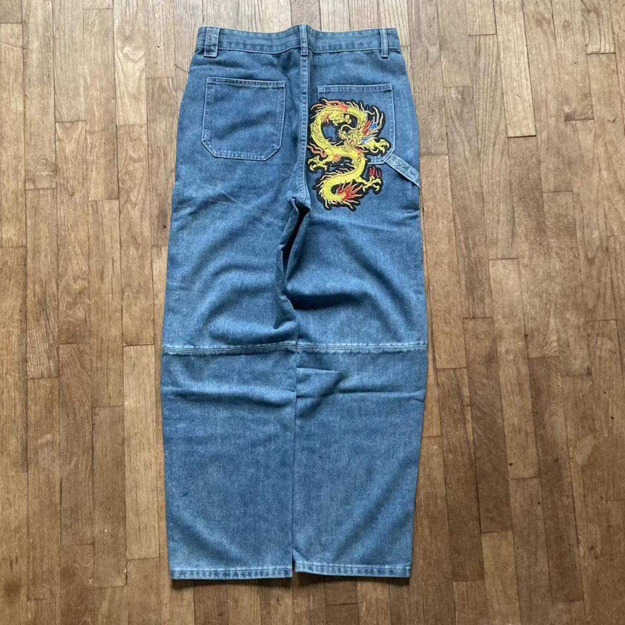 y2k baggy dragon patch jeans Size 34 Measurments... - Depop