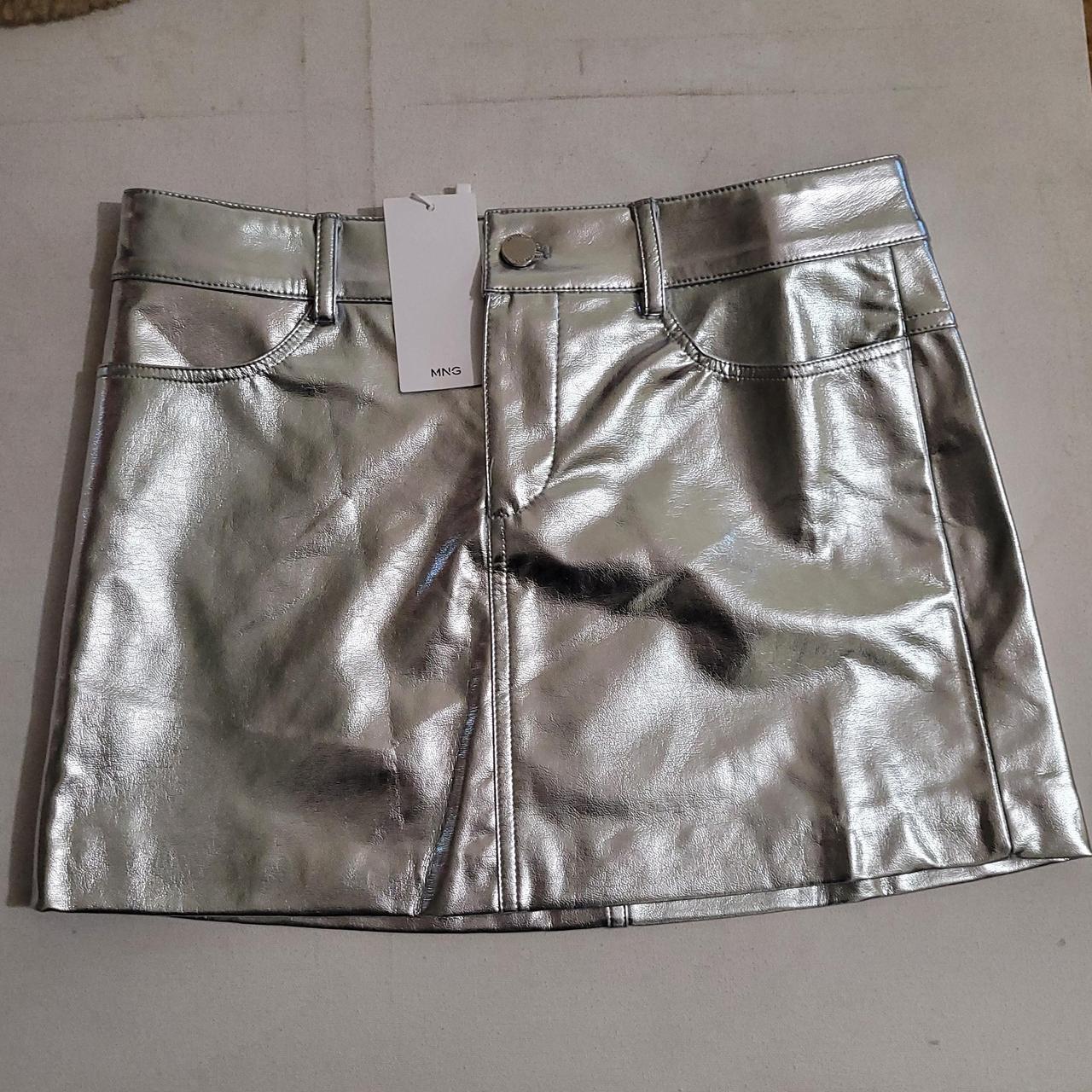 Metallic Silver MNG faux leather look short mini... - Depop