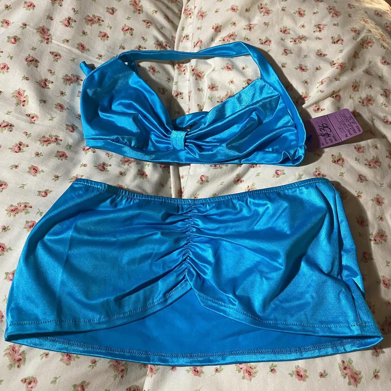 vintage blue metallic bikini top & skirt no... - Depop