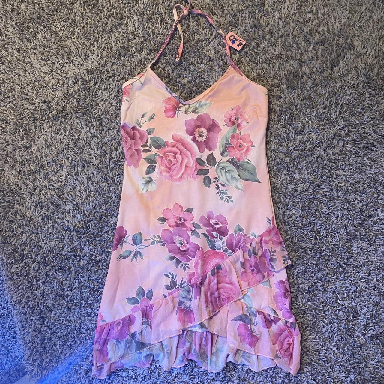 vintage ruffle mini dress floral print / peach... - Depop