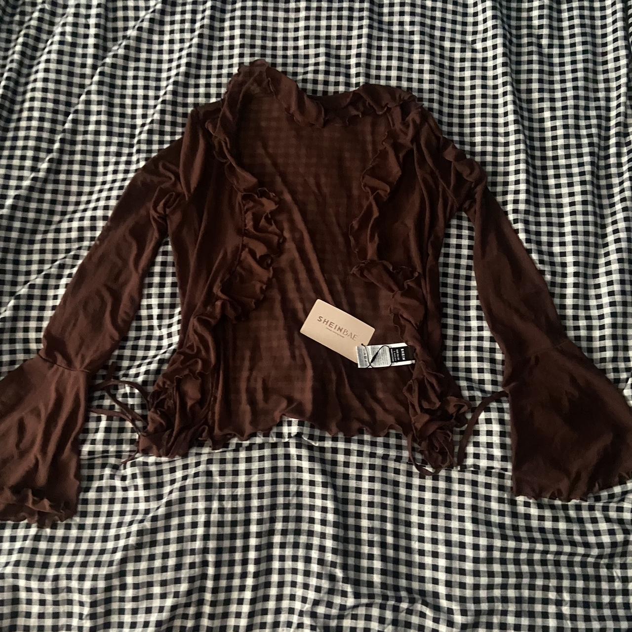 Brown Ruffle trim flare sleeve mesh top, never worn,... - Depop