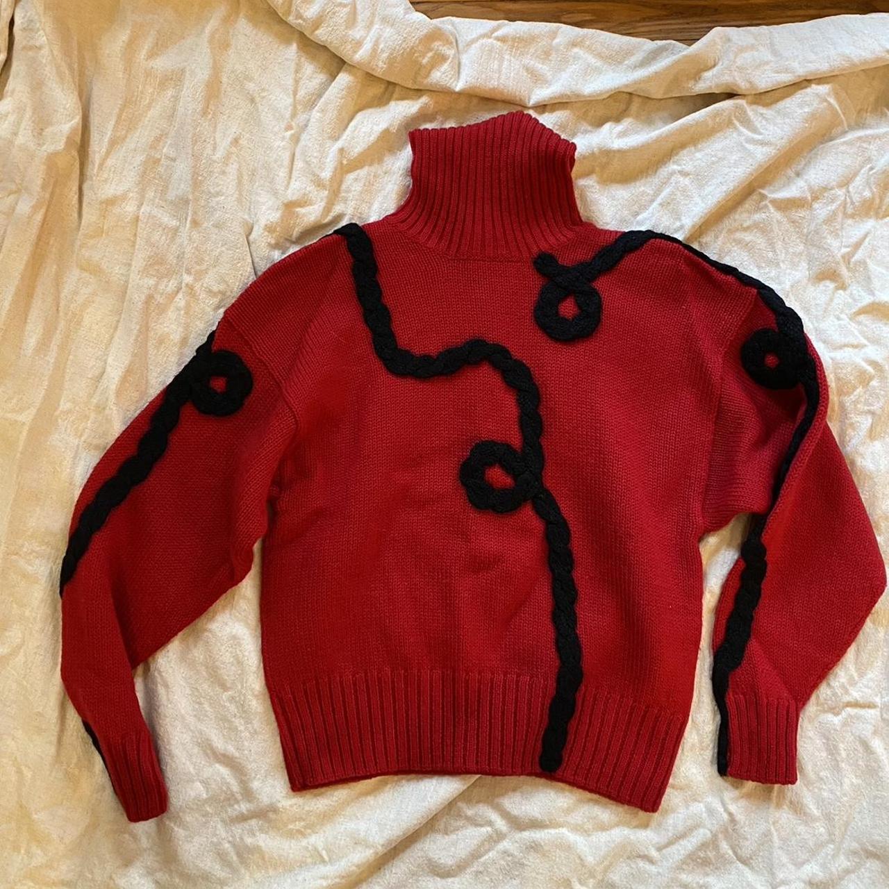 80s Red Wool Sweater with Black Lines Cozy Red Wool... - Depop