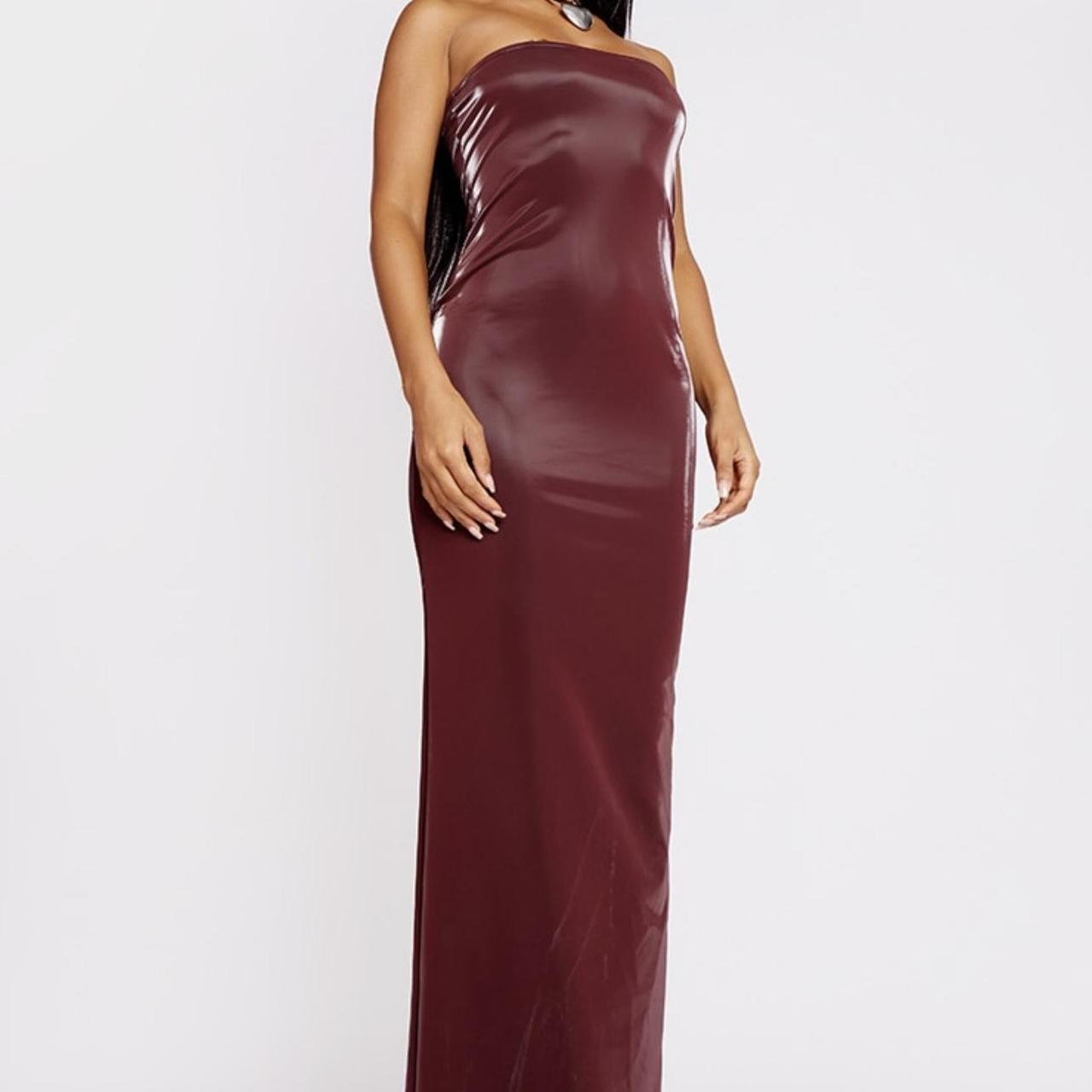 prettylittlething burgundy bandeau midaxi