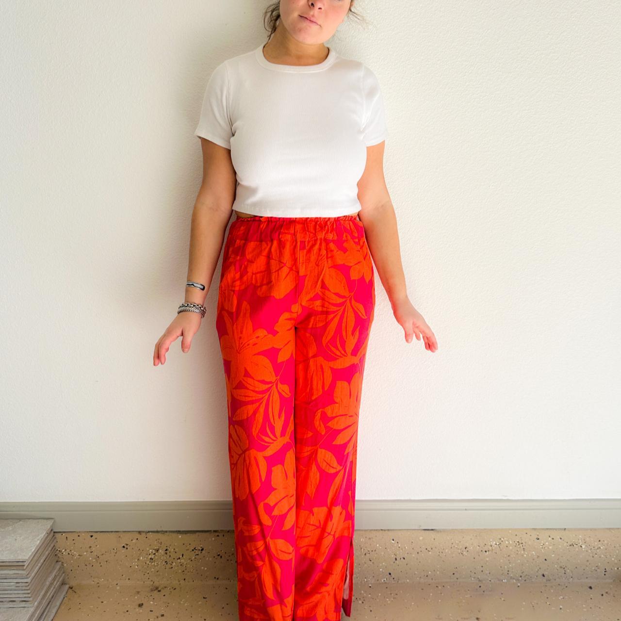 パンツ Flower Hairy Pants (UNISEX) Nora Lily Women Pink & White Floral Printed High-Rise Waist Wide-Leg