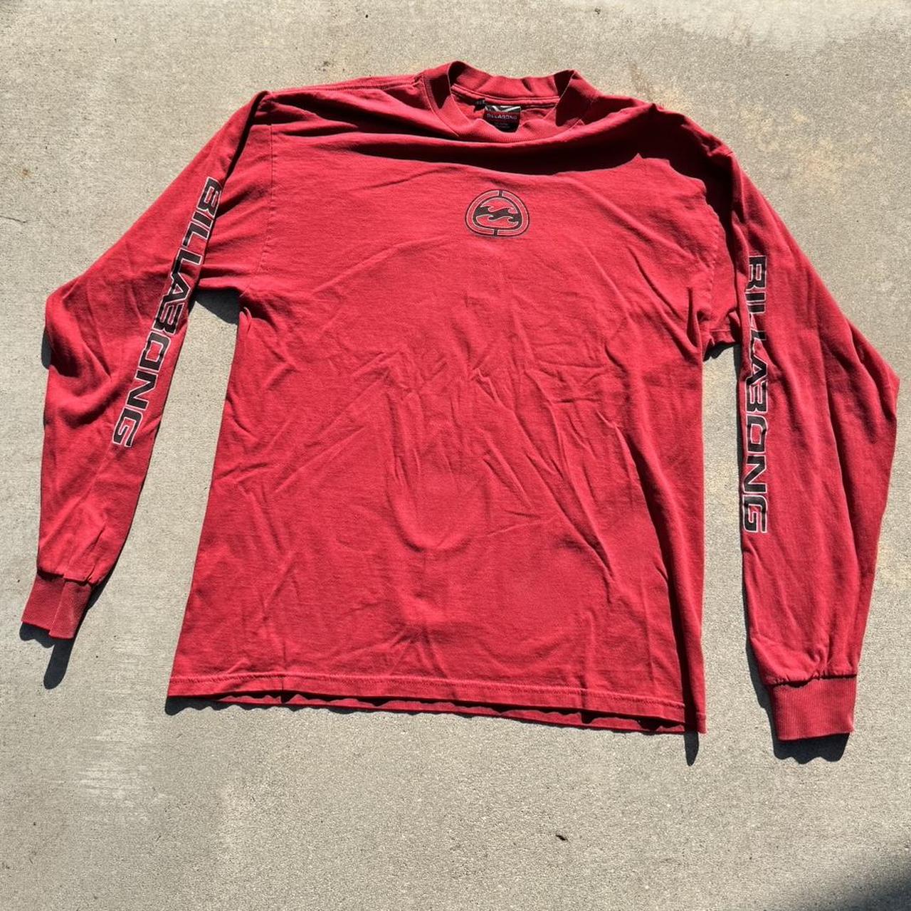 billabong red long sleeve size medium some small... - Depop