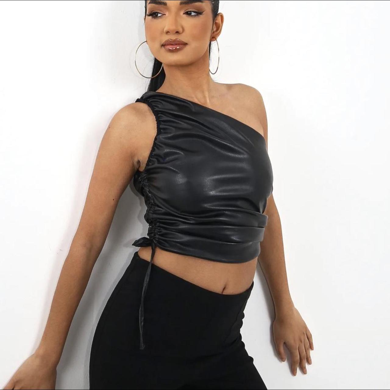 Zara Faux Leather One Shoulder Top Black Depop 2963