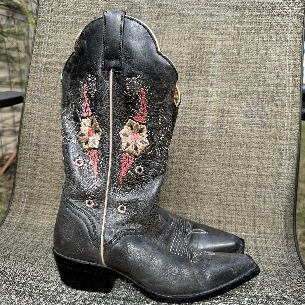 Black and pink floral leather cowboy boots with. Depop