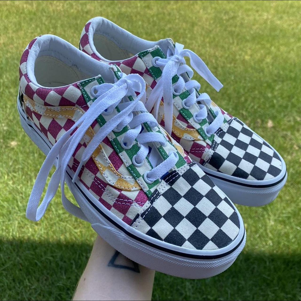 teal checkered vans womens