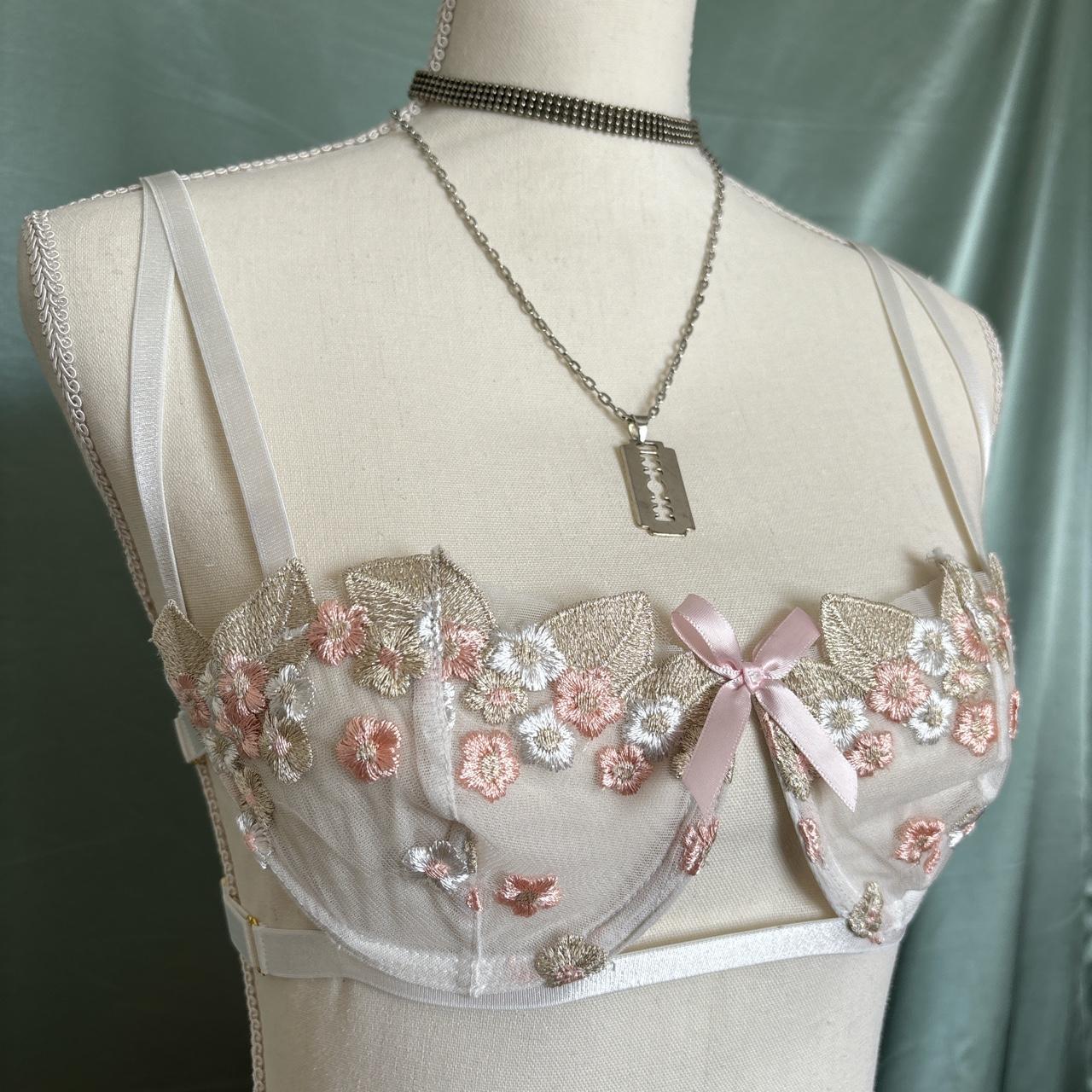 Sheer lace floral bra with bow •* size small •* - Depop