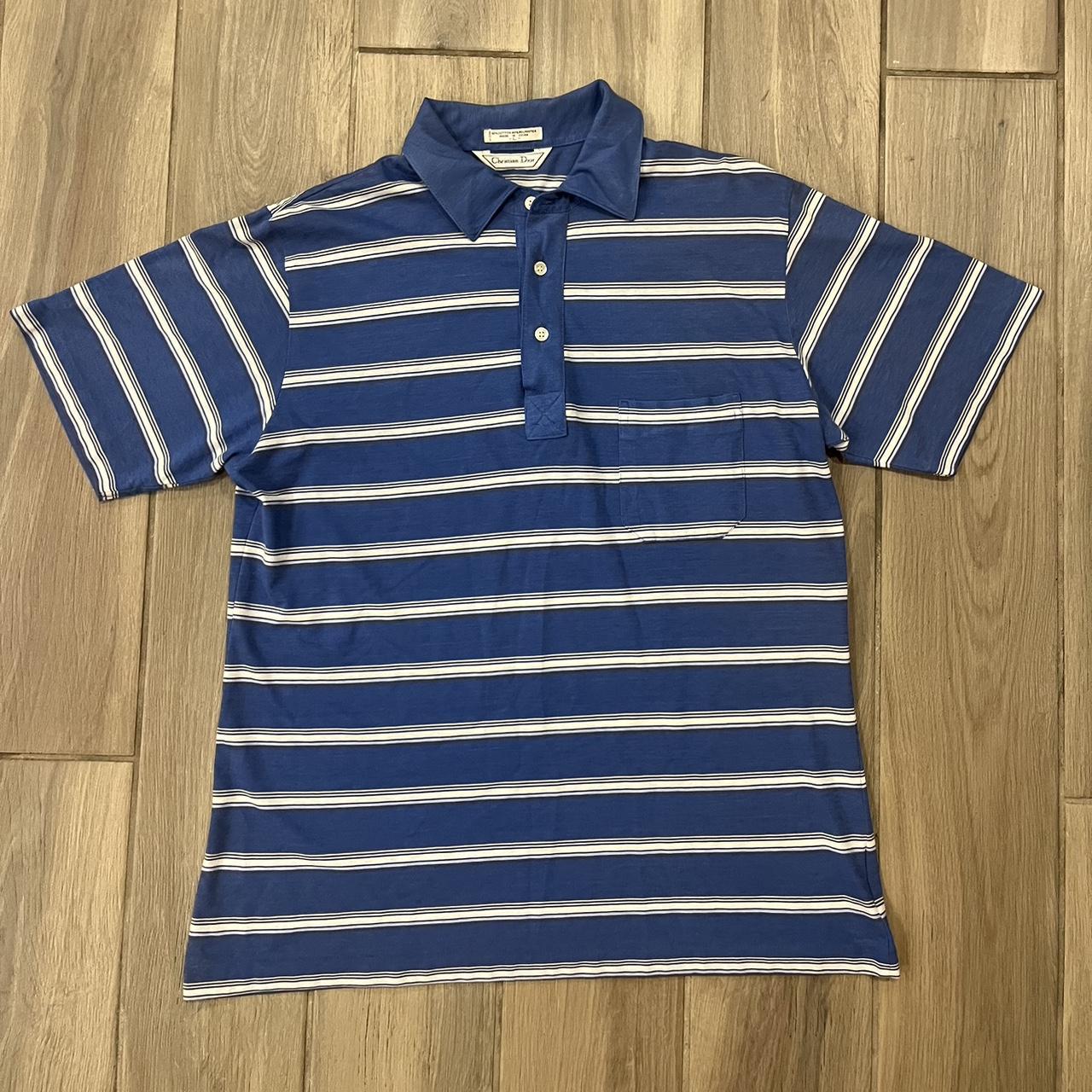 Christian Dior Polo Men's Large Blue Striped Short... - Depop