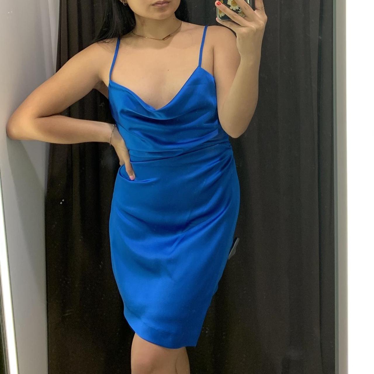 zara royal blue satin cowl neck bodycon mini dress.... Depop