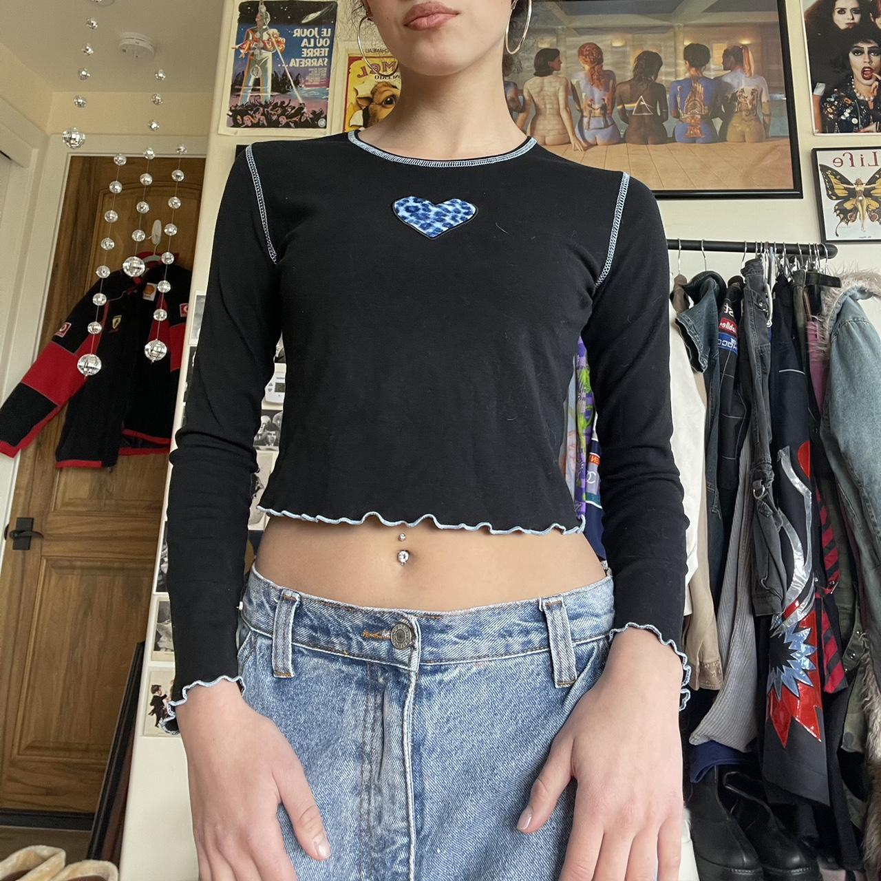 y2k style baby tee🦋 longsleeve crop top blue leopard... - Depop