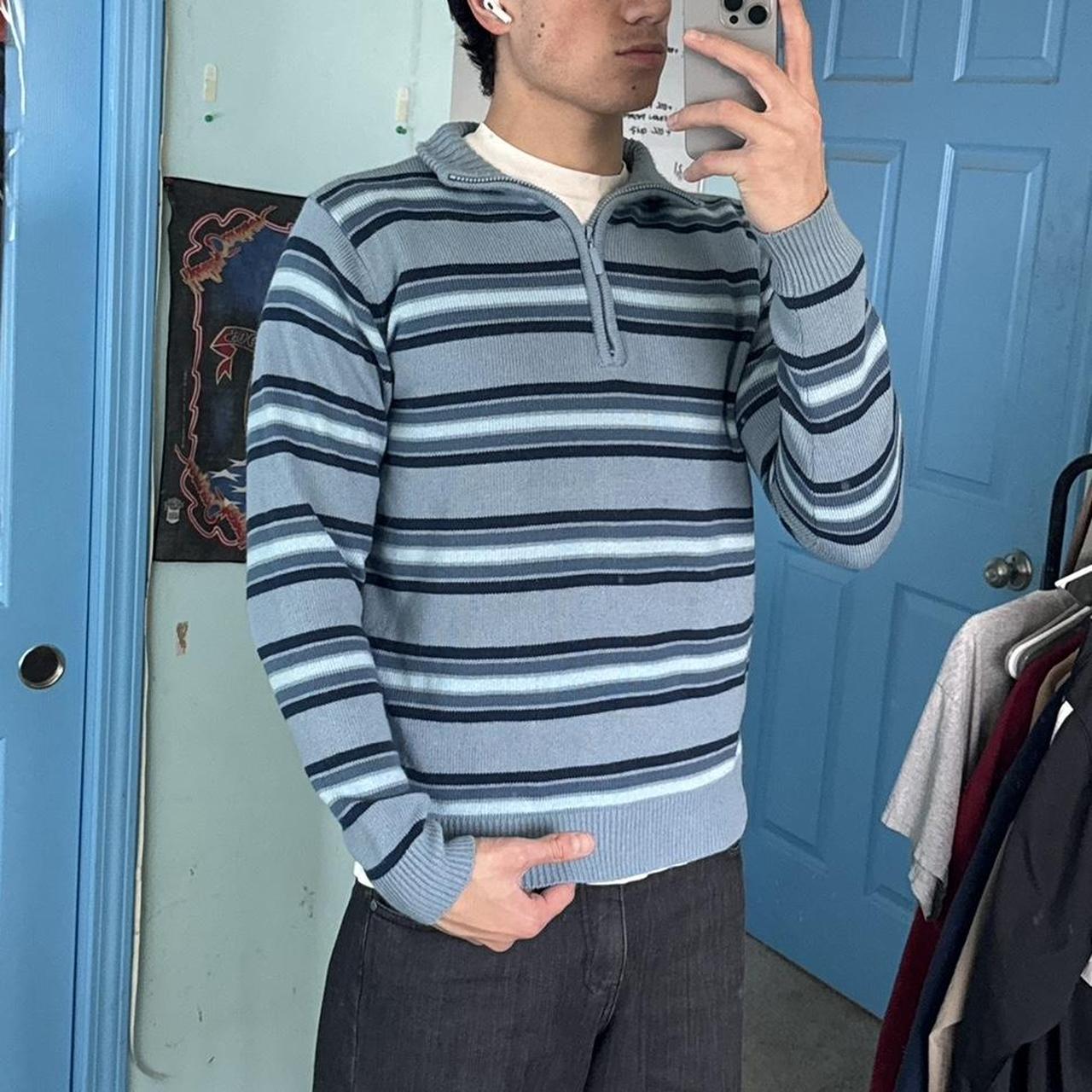 white sweater with blue stripes on sleeves great - Depop