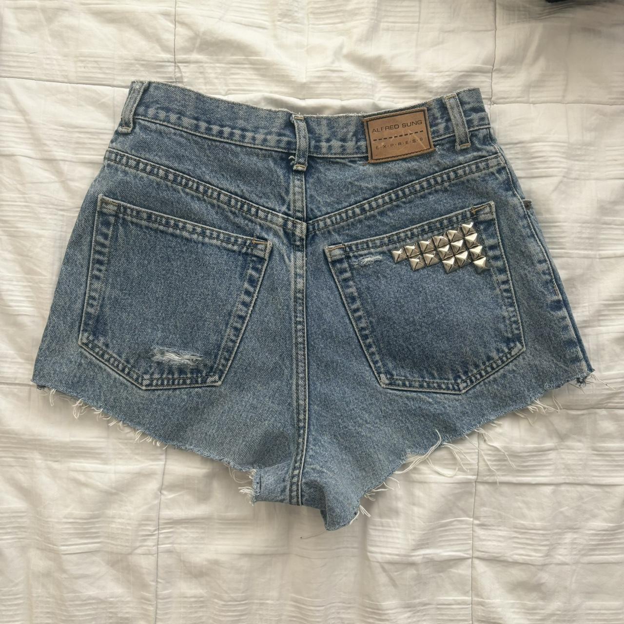 High waisted blue denim shorts with studs super. Depop