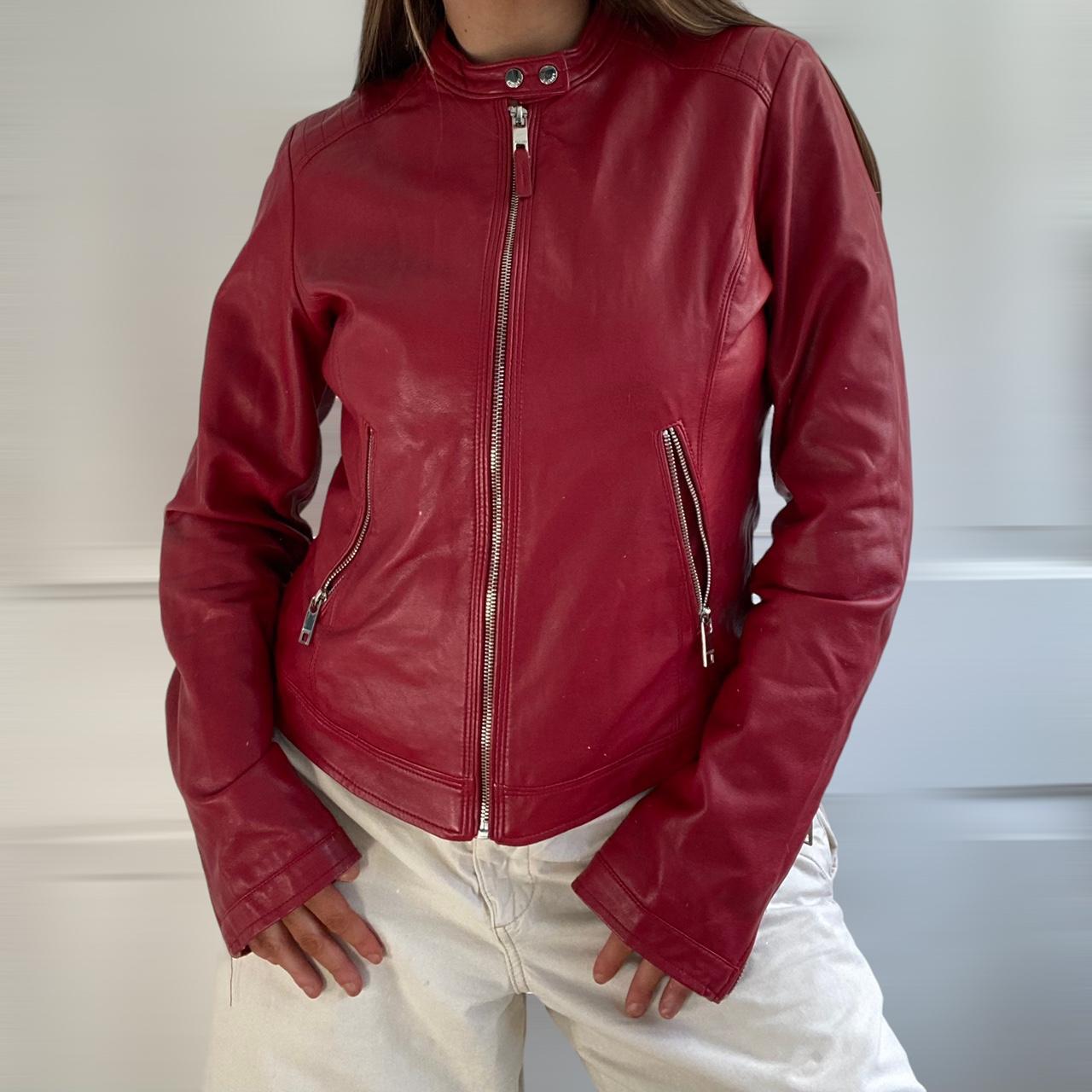 Red Vintage Leather Jacket Pinterest staple... - Depop