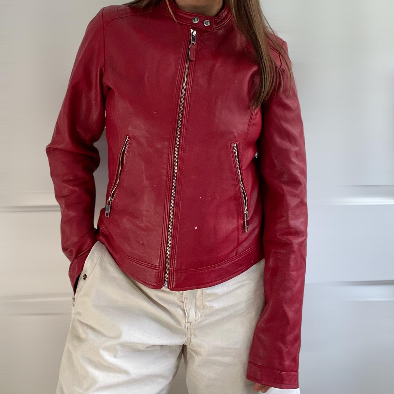 Red Vintage Leather Jacket Pinterest staple... - Depop