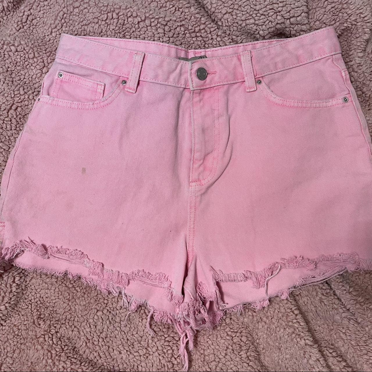 Pink denim shorts Worn once but few stains on... - Depop