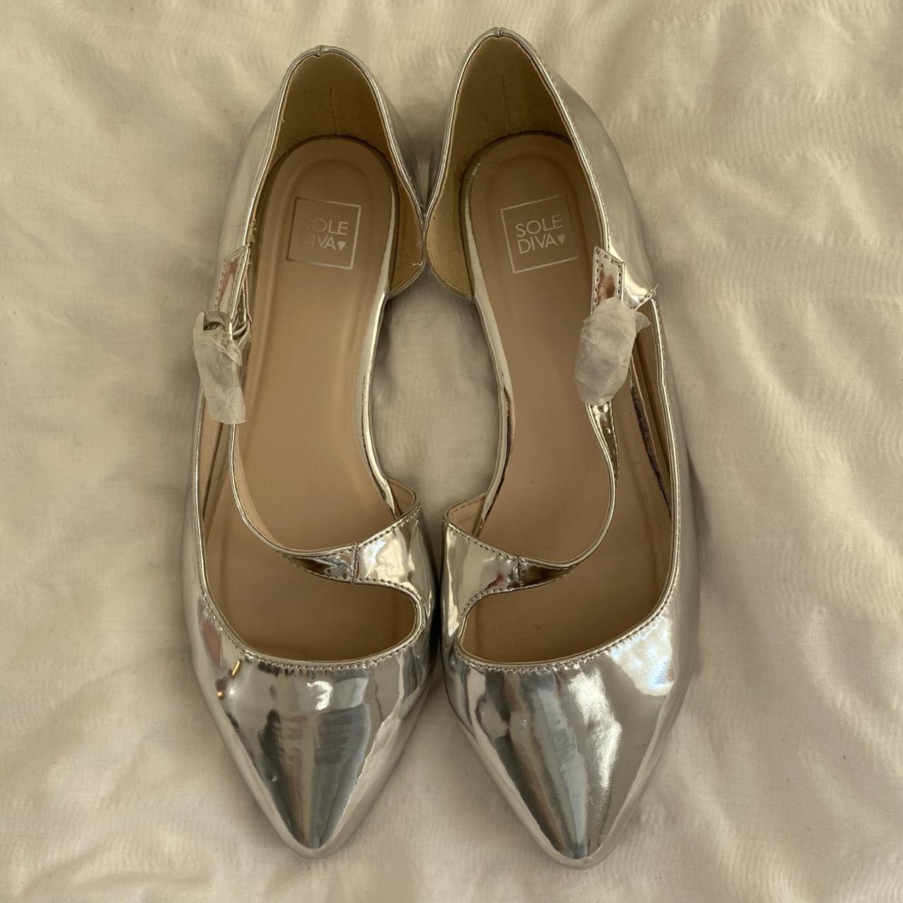 Cutest silver ballet pumps with asymmetric buckle... - Depop