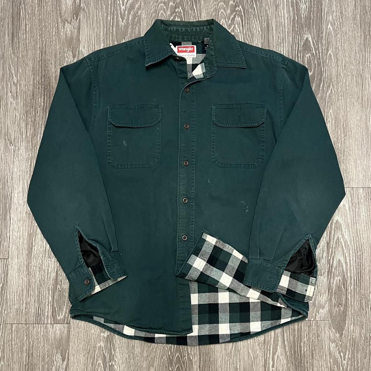 Men’s dark green Wrangler button up with flannel on... - Depop