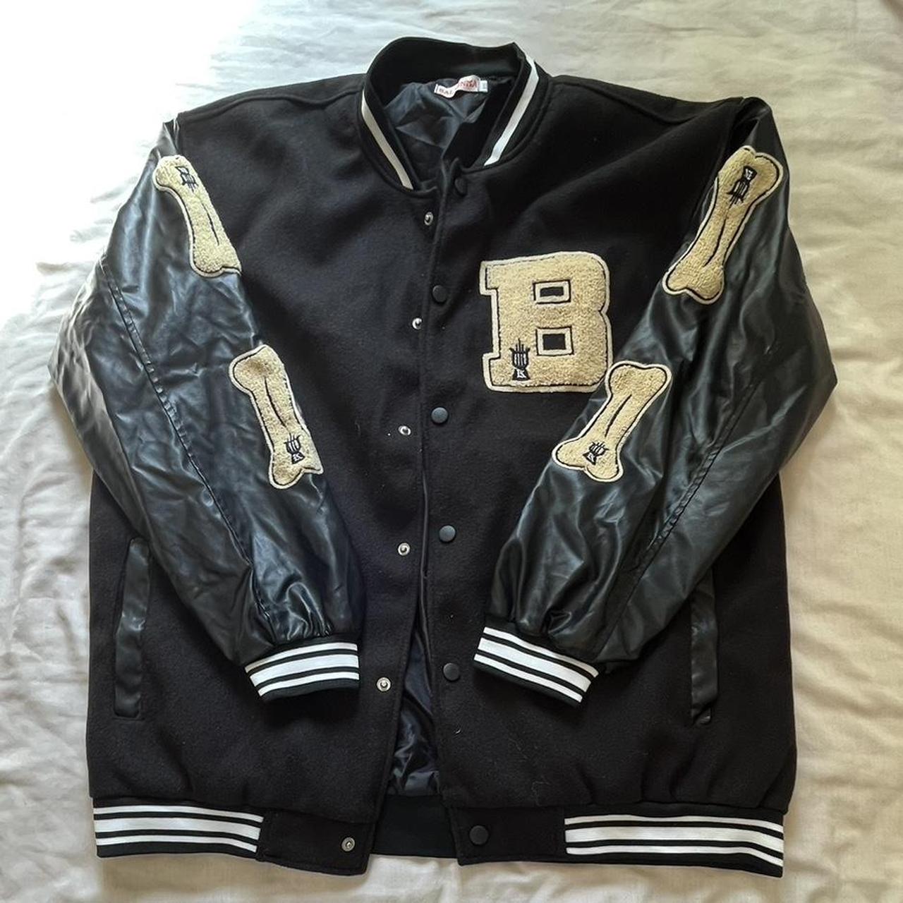 bones bomber jacket faux leather sleeves oversized... - Depop