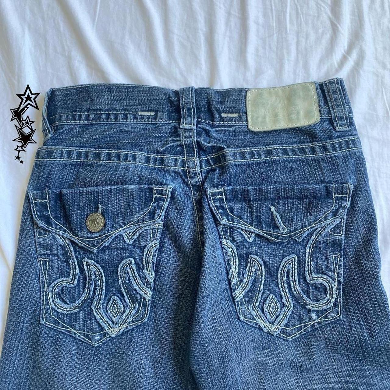 y2k grunge embroidered distressed bootcut jeans... - Depop