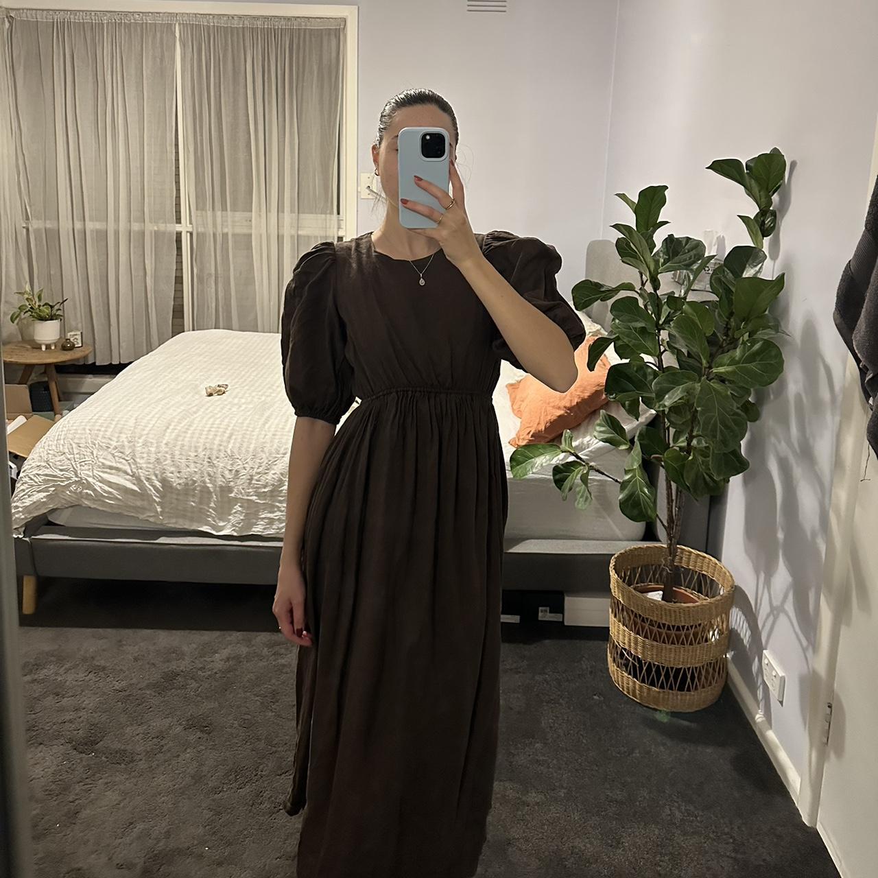 Brown linen blend dissh dress size 8 perfect... - Depop