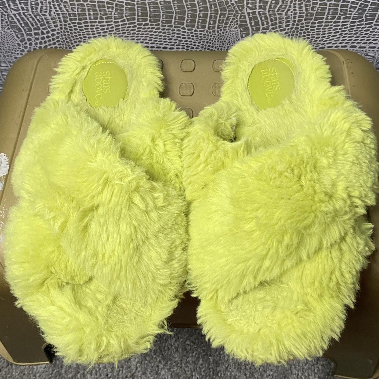 Target Lime Green Fluffy House Slippers Has some... - Depop