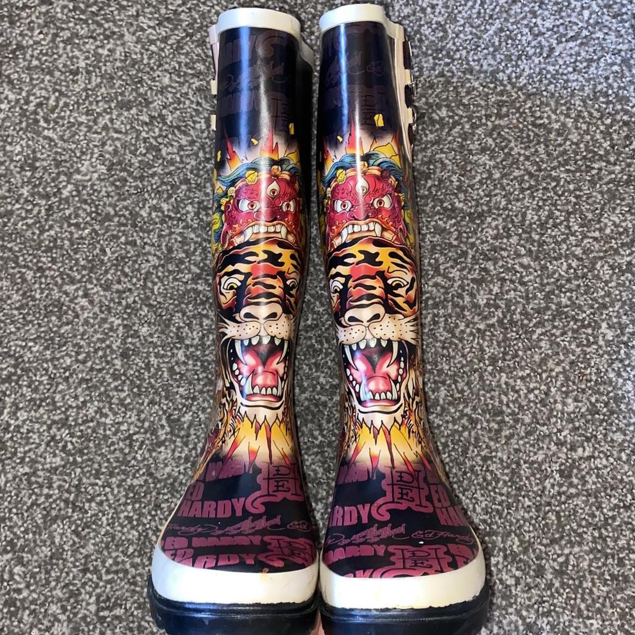 Ed Hardy Graphic Tiger & Skull Rain Boots Fit a - Depop