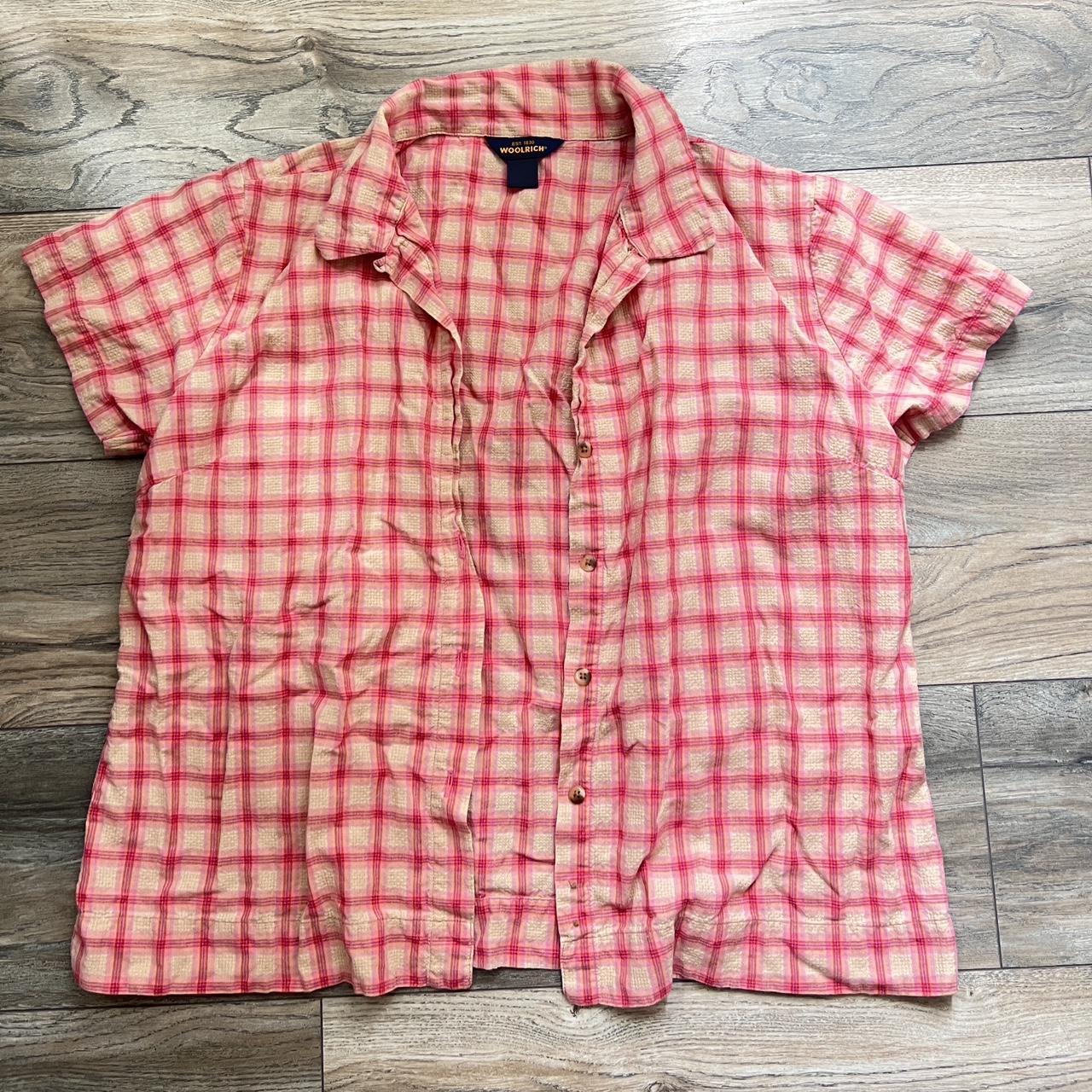 Pink and beige plaid flannel top - Depop