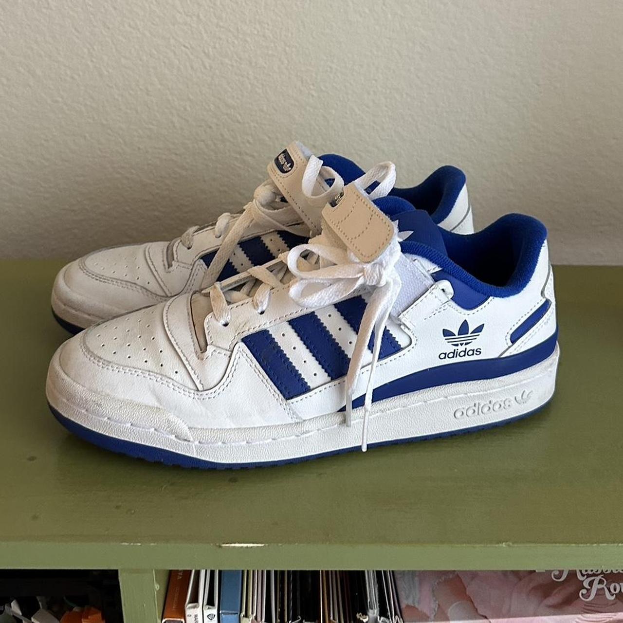 white and blue adidas velcro shoes with shoelaces.... Depop