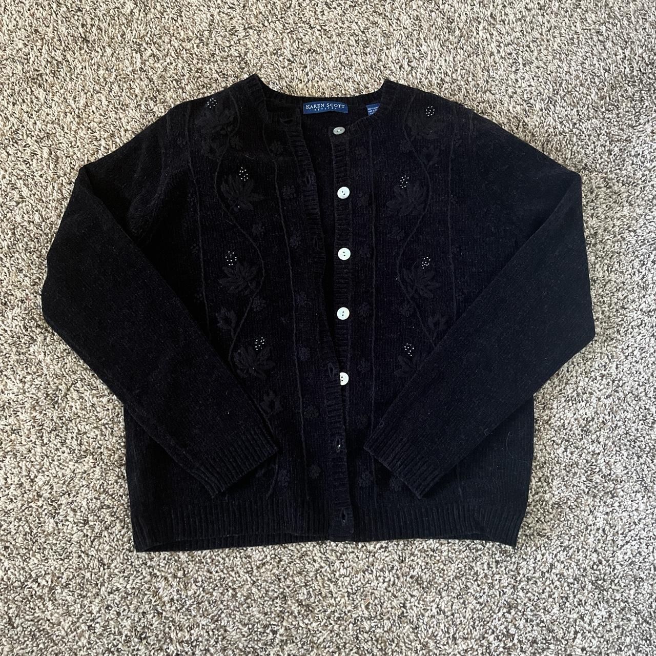 Black long sleeve cardigan. White buttons. Flower... - Depop