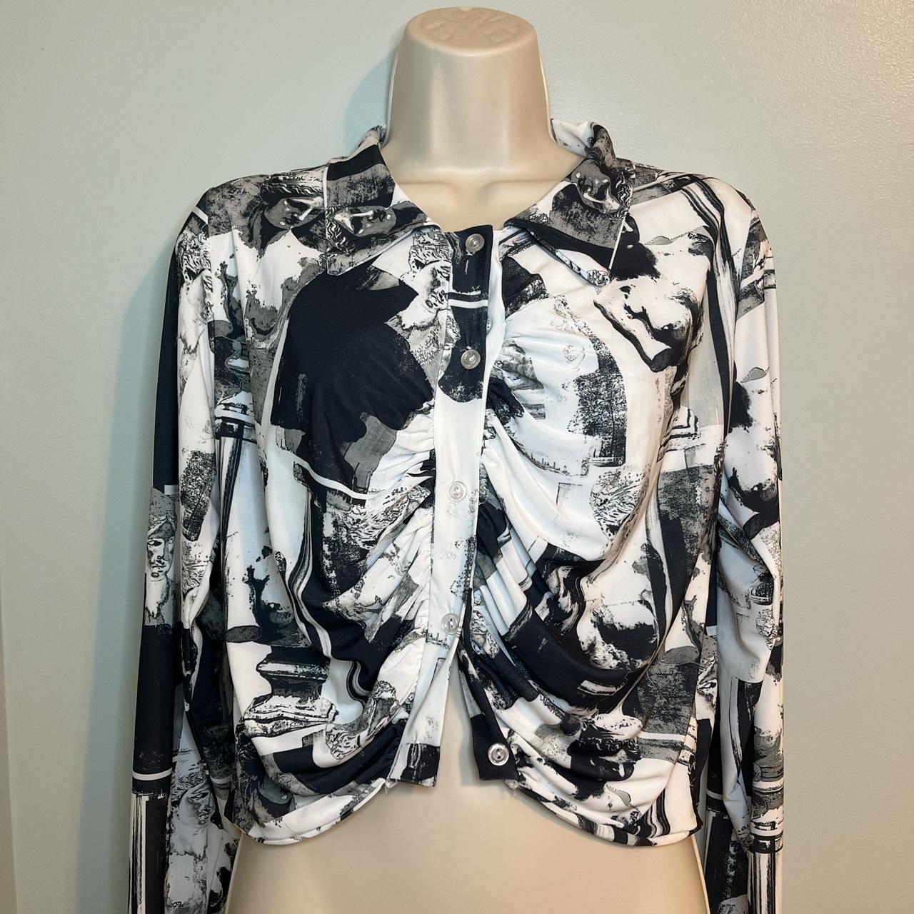Black print slinky ruched front shirt. This still... - Depop