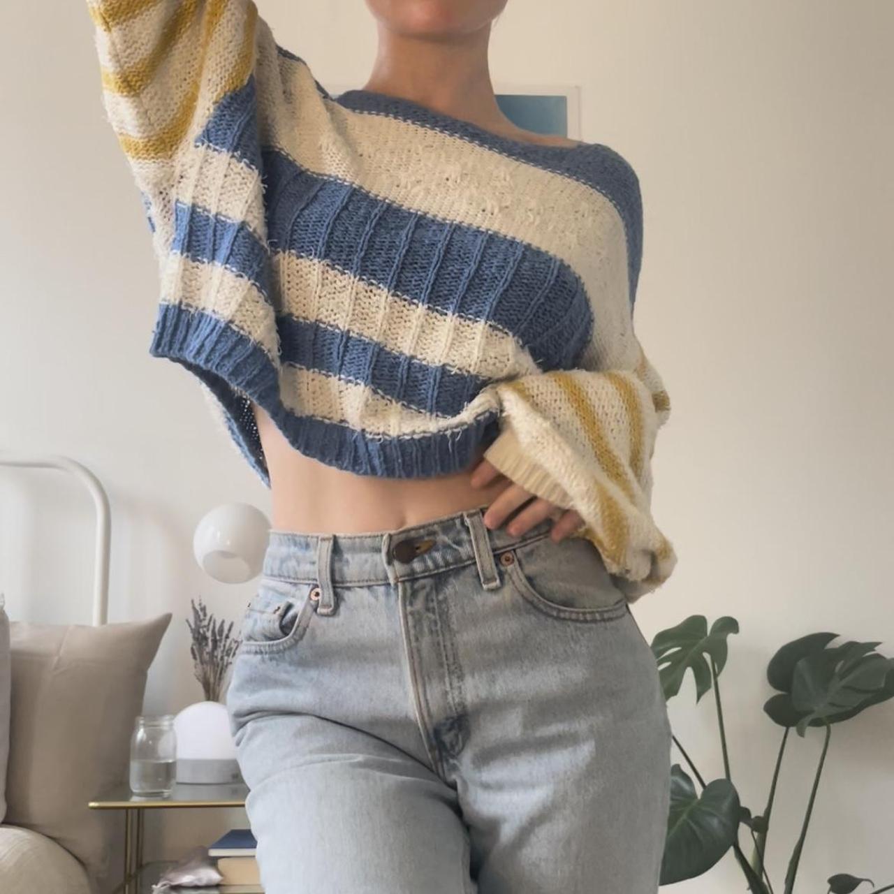 Stripped off the shoulder sweater. Warm colors,... - Depop