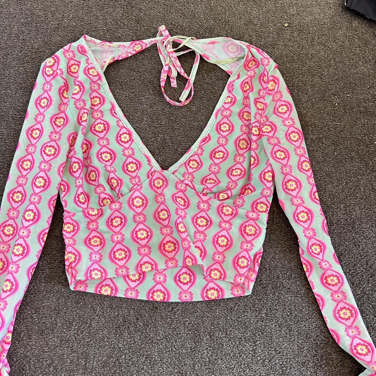 Intro pink and green pattern top long sleeve open back Depop