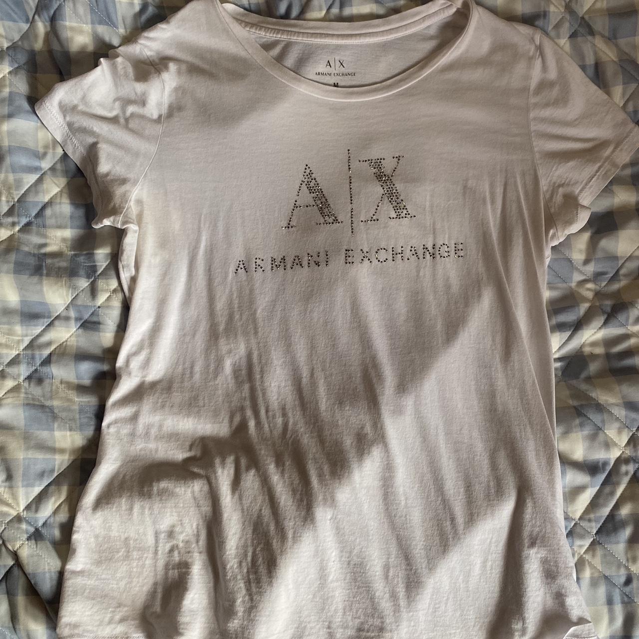 Armani Exchange Women's Silver and White Tshirt Depop