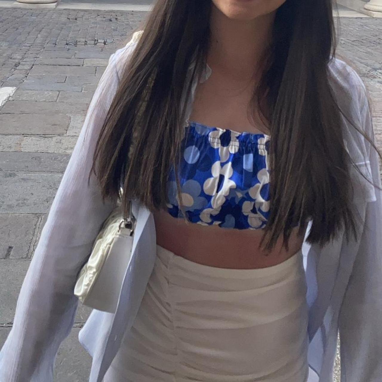 Zara blue and white floral crop top with string tie... Depop