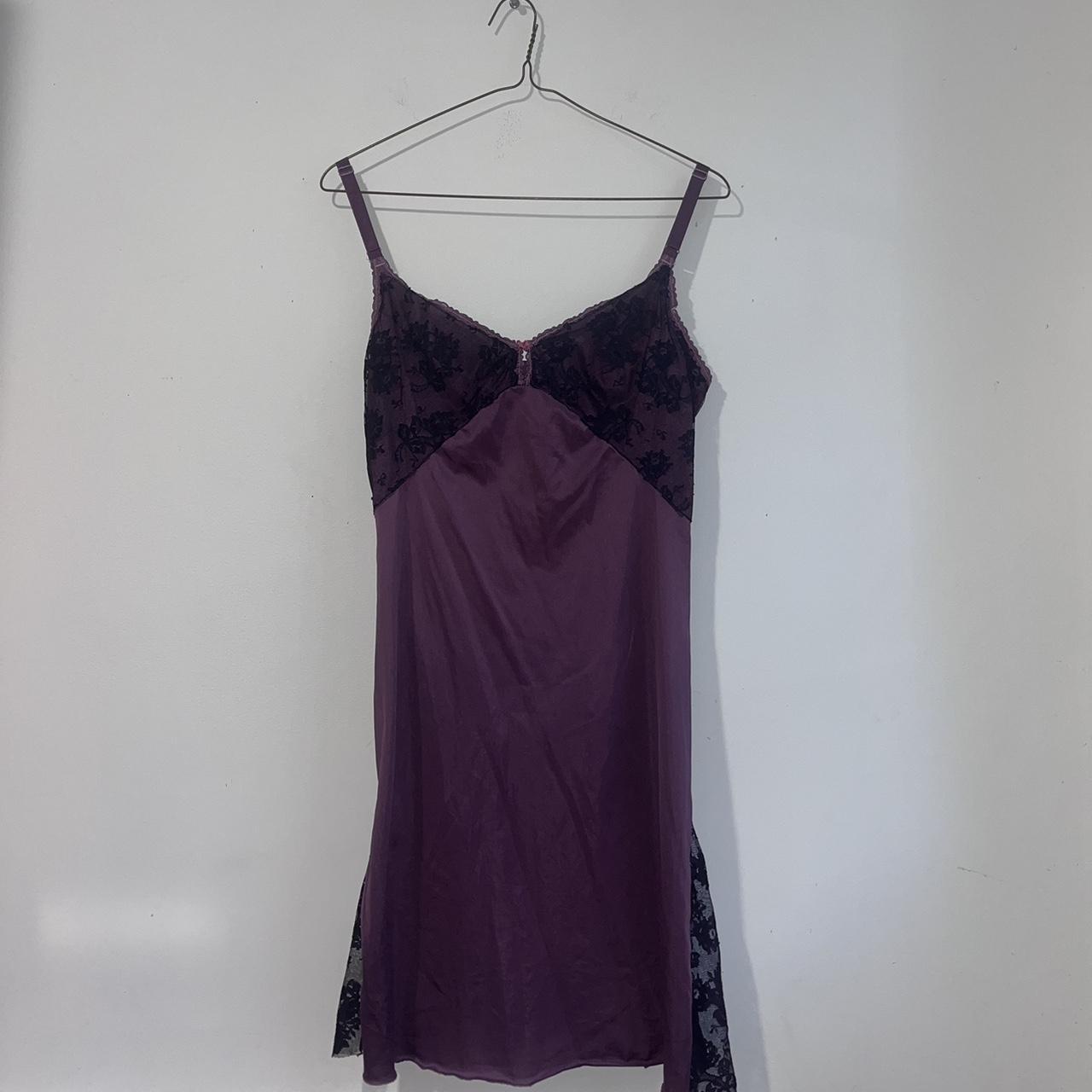 Purple slip dress with black lace detailing - Depop